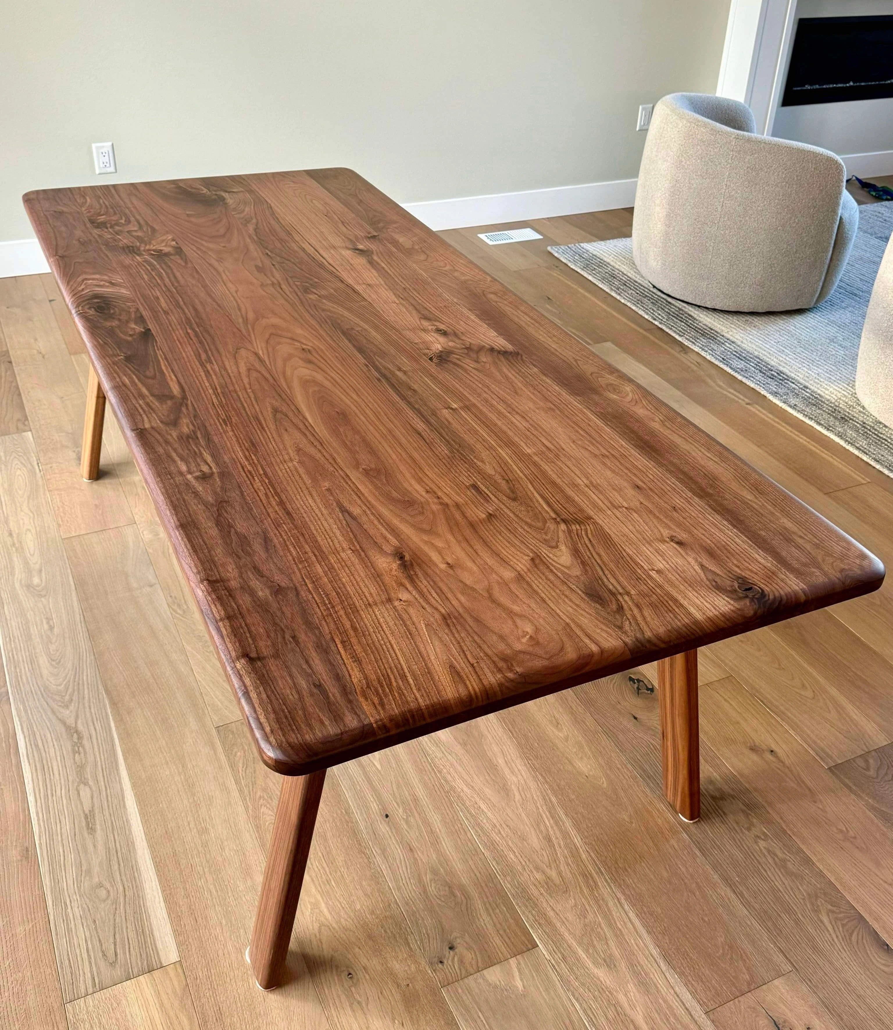 Walnut mid-century modern coffee table with splayed legs custom woodwork