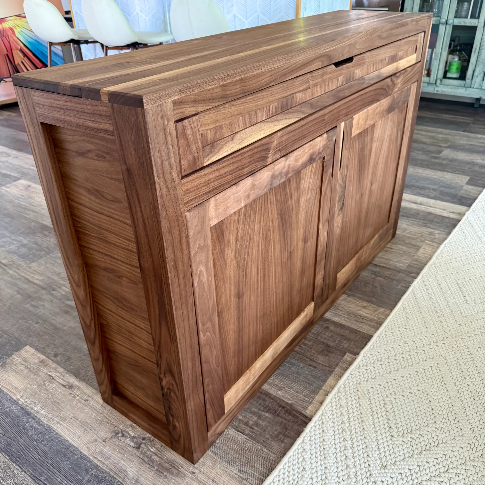 Rachel's rolling TV lift cabinet in black walnut with stunning grain pattern